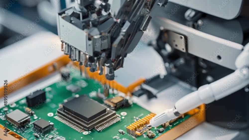 An up-close view showing a robotic arm carefully placing a microchip onto a motherboard An up-close view showing a robotic arm carefully placing a microchip onto a motherboard