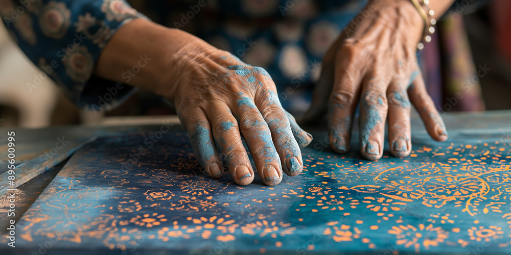 Artisan Hands Creating Intricate Blue Textile Pattern with Traditional Techniques Artisan Hands Creating Intricate Blue Textile Pattern with Traditional Techniques