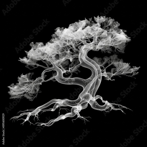 Botanical Elegance: Intricate Bonsai Tree X-ray in Minimalistic Black and White Line Art Design