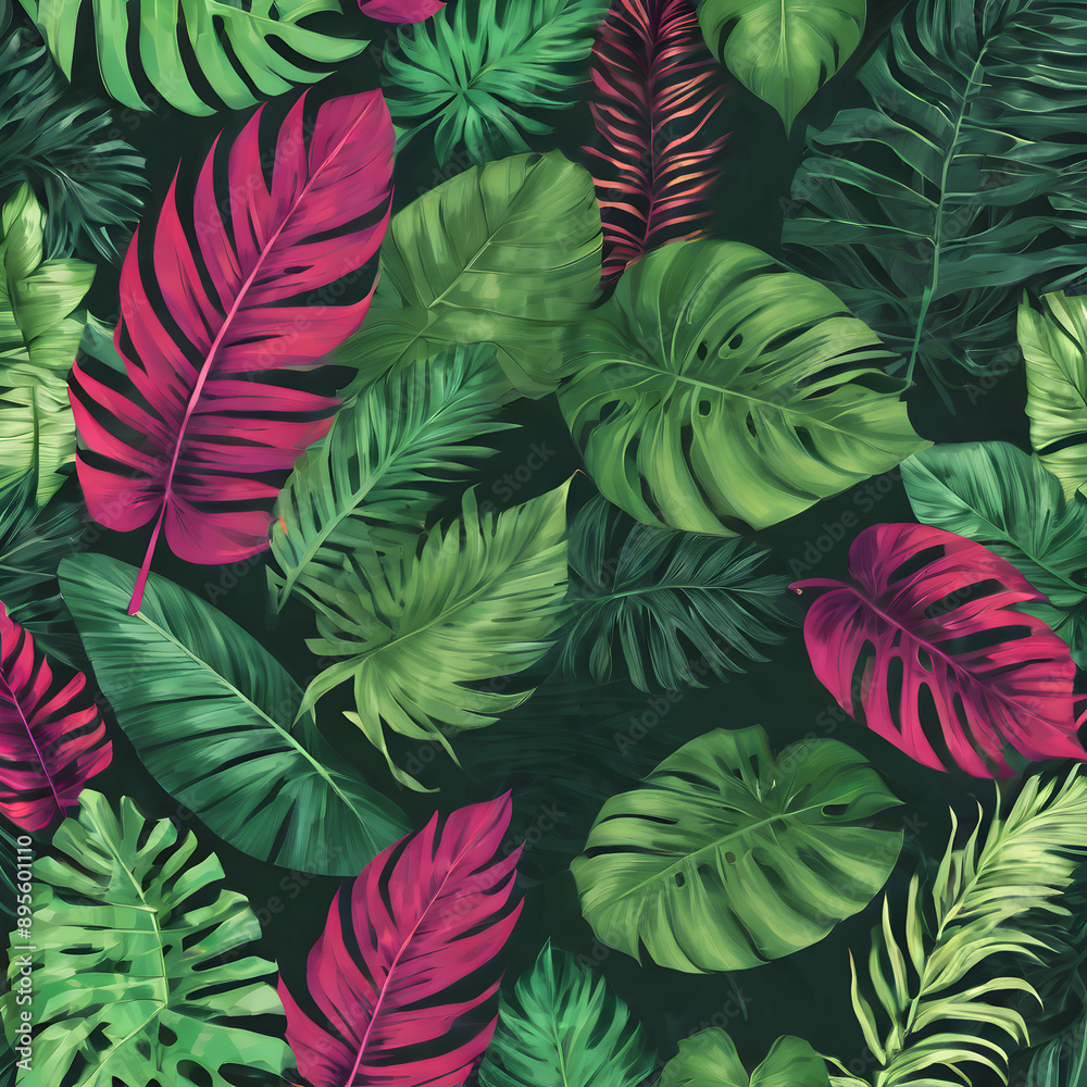 Fototapeta premium Tropical leaves background with vibrant green tones