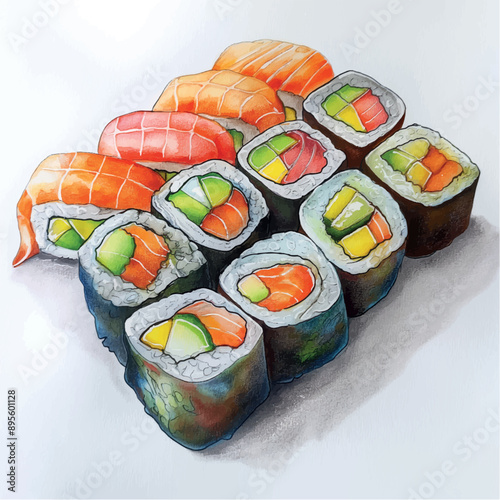 watercolor drawing sushi rolls on white background