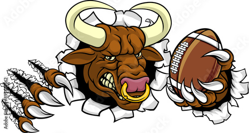A bull or Minotaur monster longhorn cow angry mean American football mascot cartoon character.