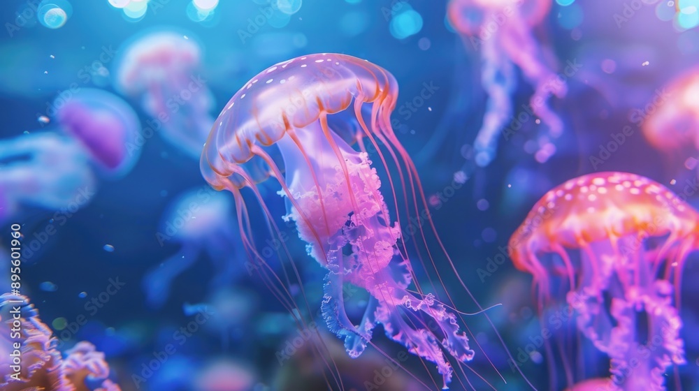 Naklejka premium Jellyfish glow with colorful lights, hyperrealism, pattern, banner, place for text