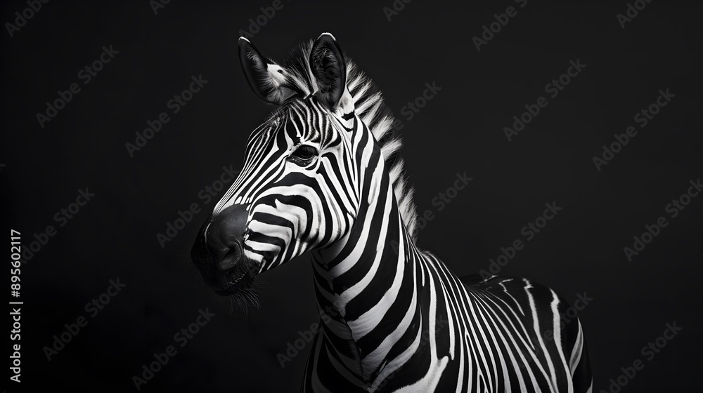 Elegant Black and White Zebra Portrait on Dark Background Elegant Black and White Zebra Portrait on Dark Background