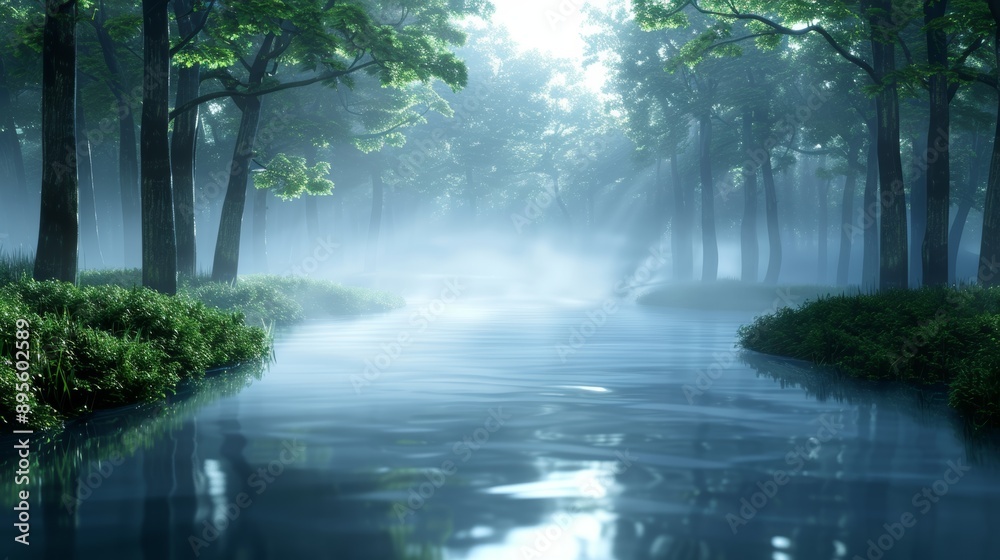 Obraz premium Enchanted forest scene with a serene atmosphere, pristine trees and a quiet stream, magical misty fog rolling through, soft ethereal light