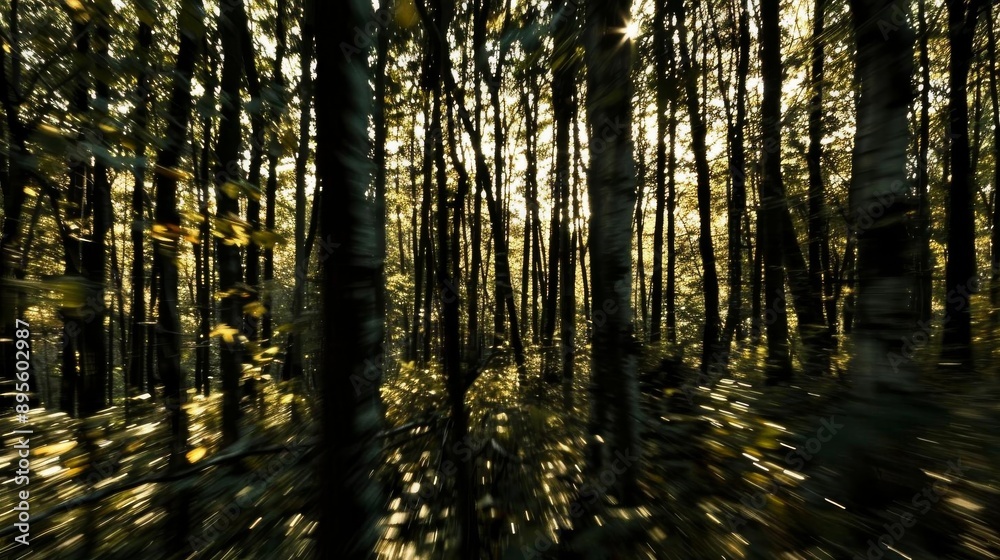 An impressionistic photograph of a forest with blurred vertical lines