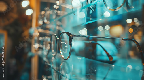 Close-up of the show-window in optical store with glasses 