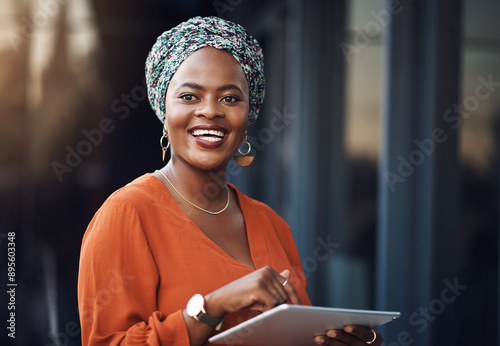 Billede på lærred Happy black woman, tablet and thinking by office for psychology blog ideas, startup and research