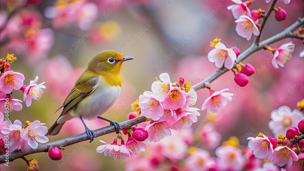 Plum blossoms and mejiro bird in spring garden, plum blossoms, mejiro, bird, spring, garden, nature, beauty, blooming, floral, wildlife Plum blossoms and mejiro bird in spring garden, plum blossoms, mejiro, bird, spring, garden, nature, beauty, blooming, floral, wildlife