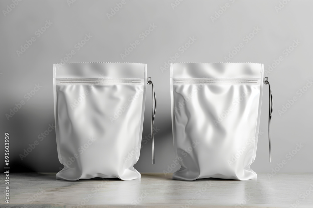 Modern White Flexible Pouches Mockup on Bright Gray Background for Professional Packaging Design Projects Modern White Flexible Pouches Mockup on Bright Gray Background for Professional Packaging Design Projects