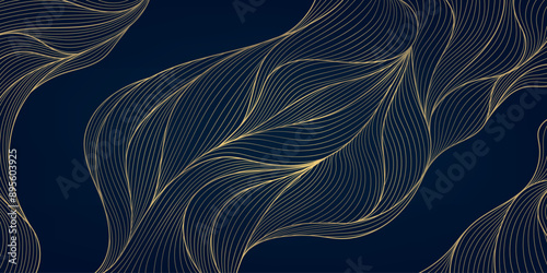 Vector art deco line wave pattern, gold on blue elegant texture, abstract wavy shapes. Premium illustration template, fancy dark copper graphic.