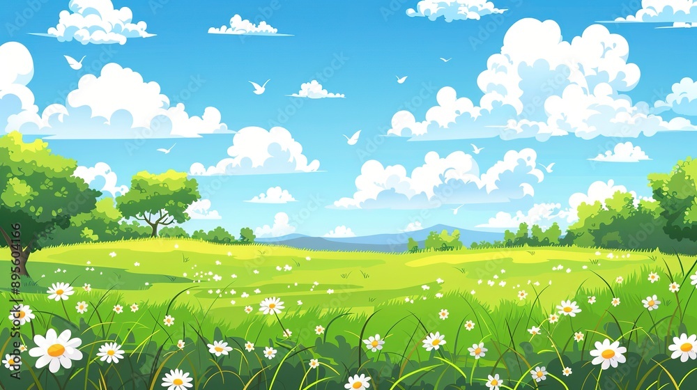 Naklejka premium Cartoon meadow spring country meadow landscape background of a springtime green pasture field with a blue summer sky and fluffy summertime clouds, stock illustration image
