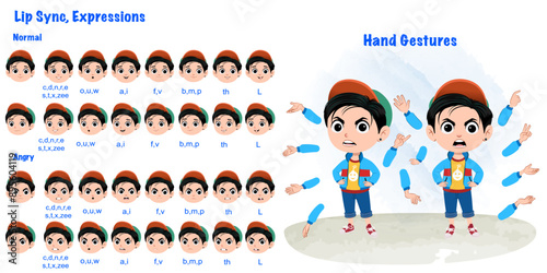 Boy cartoon character with angry face expression and lip sync . Set of boy with various hand gesture and front and 1/3 standing pose.