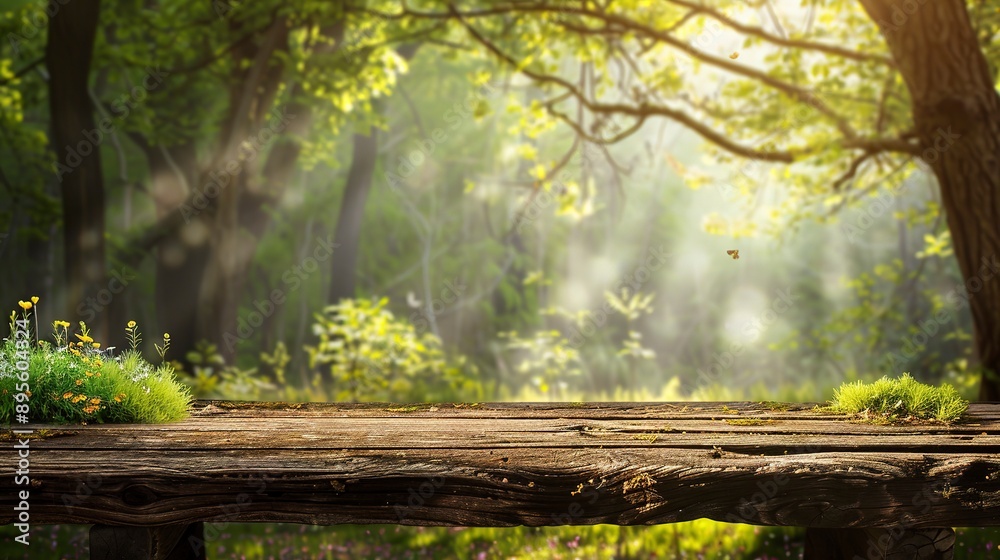 Wooden table and spring forest background Wooden table and spring forest background