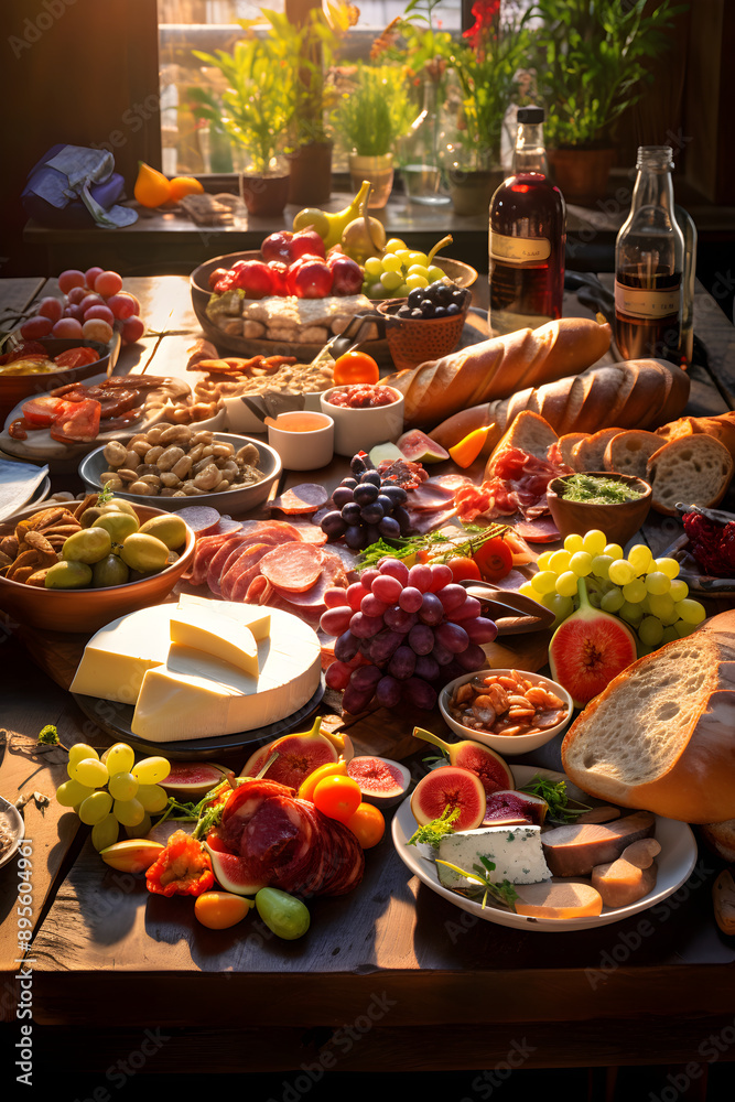 A Rustic Table Spread Featuring an Array of Artisan Breads, Cheese, Fresh Fruits and Wine A Rustic Table Spread Featuring an Array of Artisan Breads, Cheese, Fresh Fruits and Wine