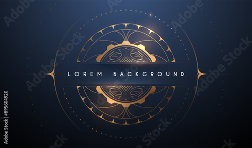 Ornate golden circle frame template on blue background