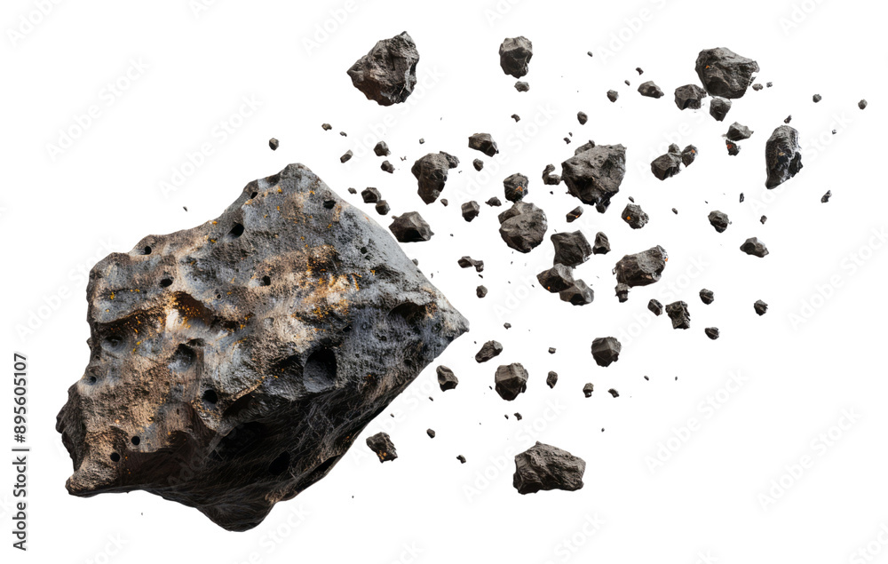 An asteroid with floating small pieces isolated on a transparent background. An asteroid with floating small pieces isolated on a transparent background.