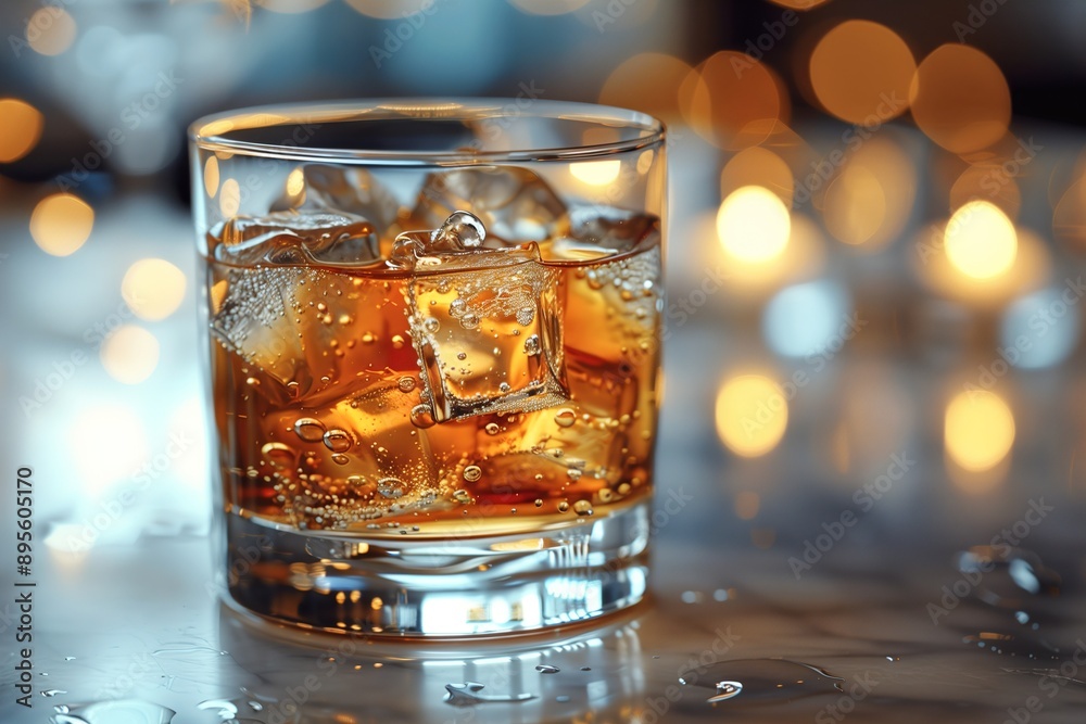 A Glass of Whiskey With Ice on a Bar Countertop A Glass of Whiskey With Ice on a Bar Countertop