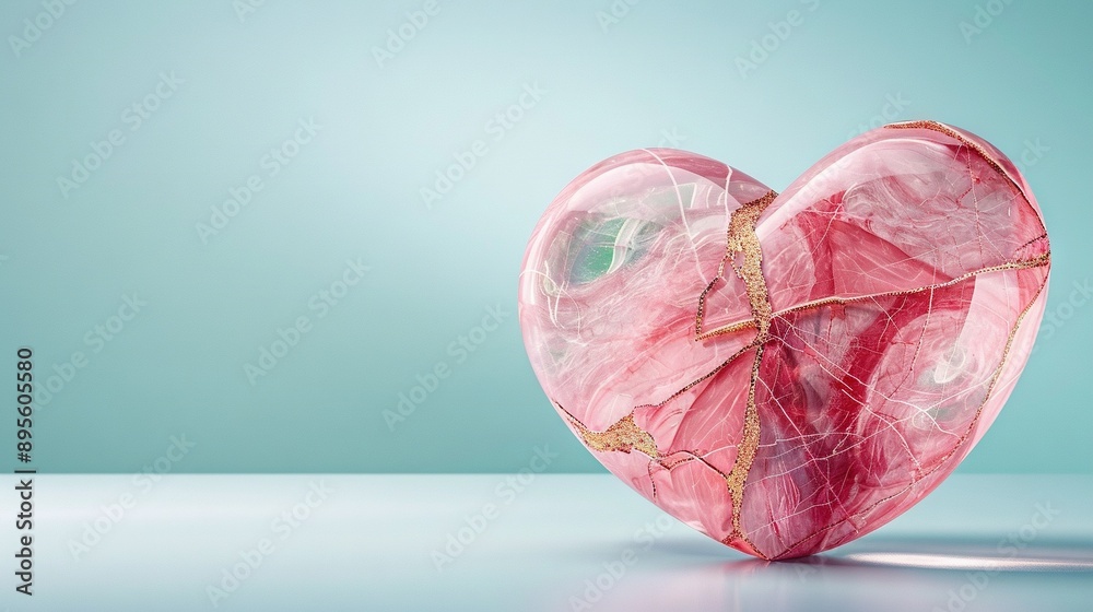 A pink, heart-shaped object atop a light blue surface with gold foil adornment A pink, heart-shaped object atop a light blue surface with gold foil adornment