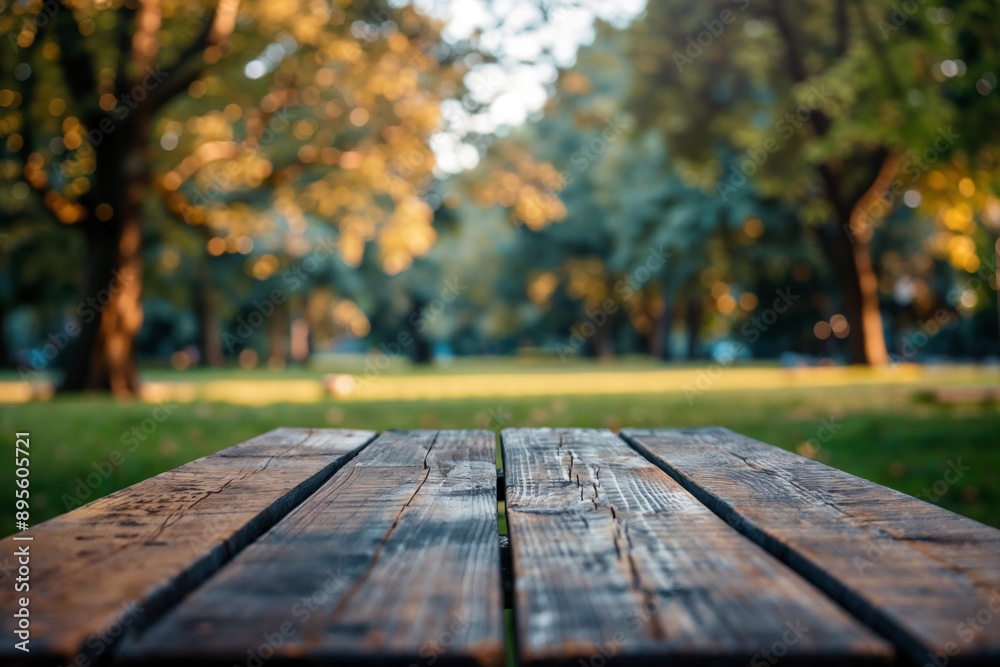 Empty wooden picnic table with blurred park background, perfect for product display Empty wooden picnic table with blurred park background, perfect for product display