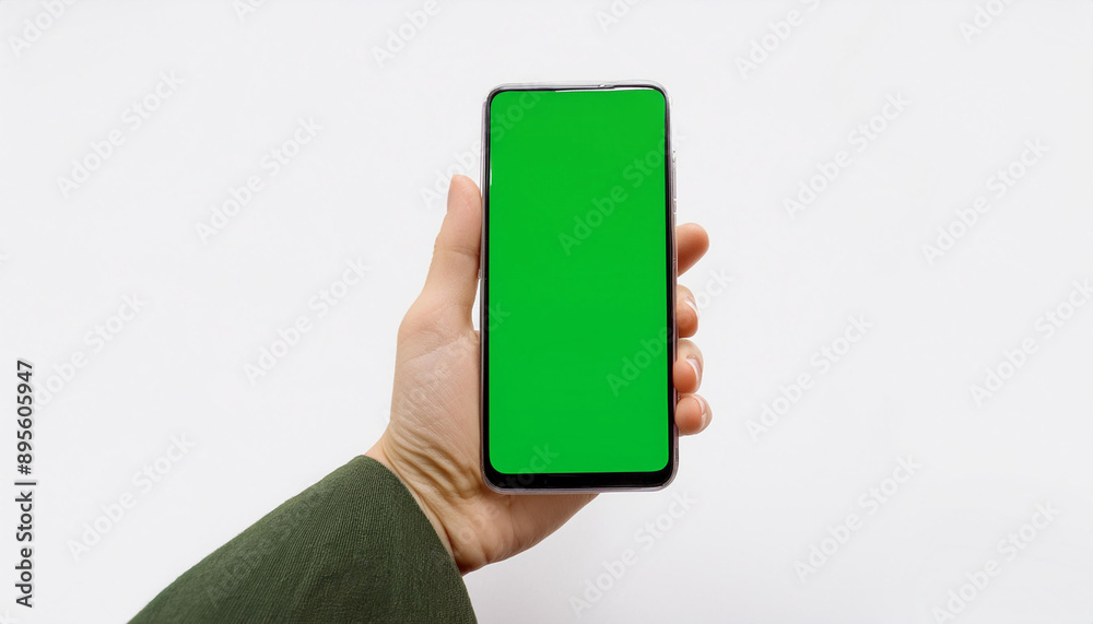 A hand holding a modern smartphone with a green screen, isolated on a white background, perfect for showcasing apps or websites.