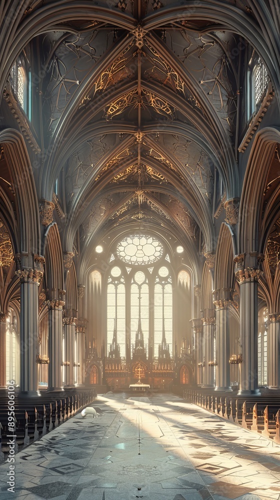 Obraz premium Gothic Cathedral Interior, 4K hyperrealistic photo