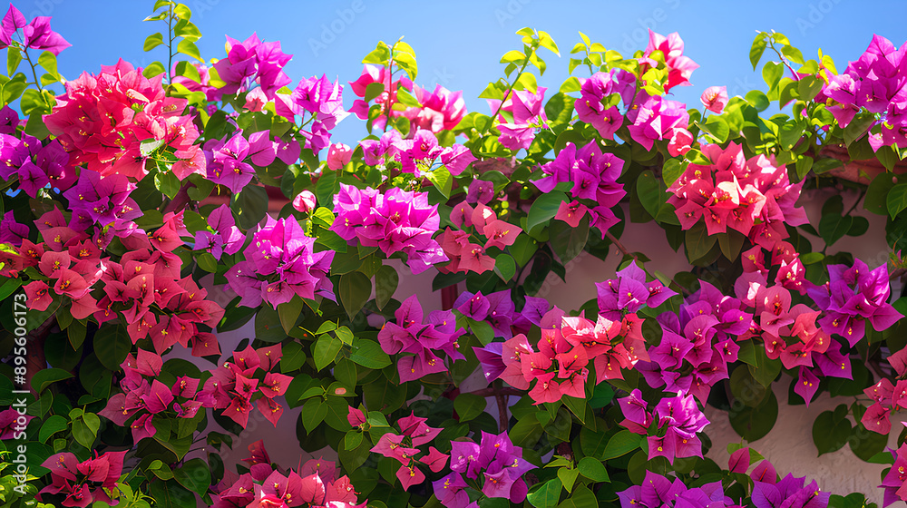 Blossoming Bougainvillea Climbing Over Garden Wall with Vibrant Flowers

