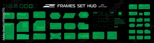 Set of vector frames for HUD user interface. Frames, windows and blocks with data. Modern text windows and HUD interface elements. Template with set of vector elements and frames