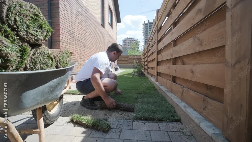 Gardener Laying lawn in Private Yard with Wooden Fence