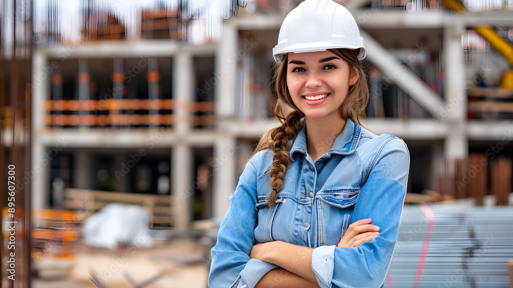 European female construction site worker standing with folded arms wearing a helmet European female construction site worker standing with folded arms wearing a helmet