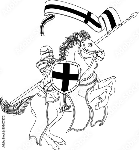 A medieval knight, perhaps St George, in armour riding a horse to a joust holding a lance or spear with flag banner