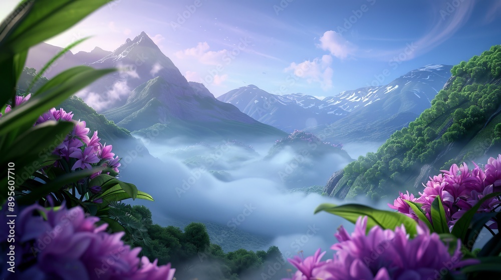 Enchanted valley panorama, ethereal mist swirling around fairy-tale castles, luminous flowers and surreal landscapes, mythical creatures roaming