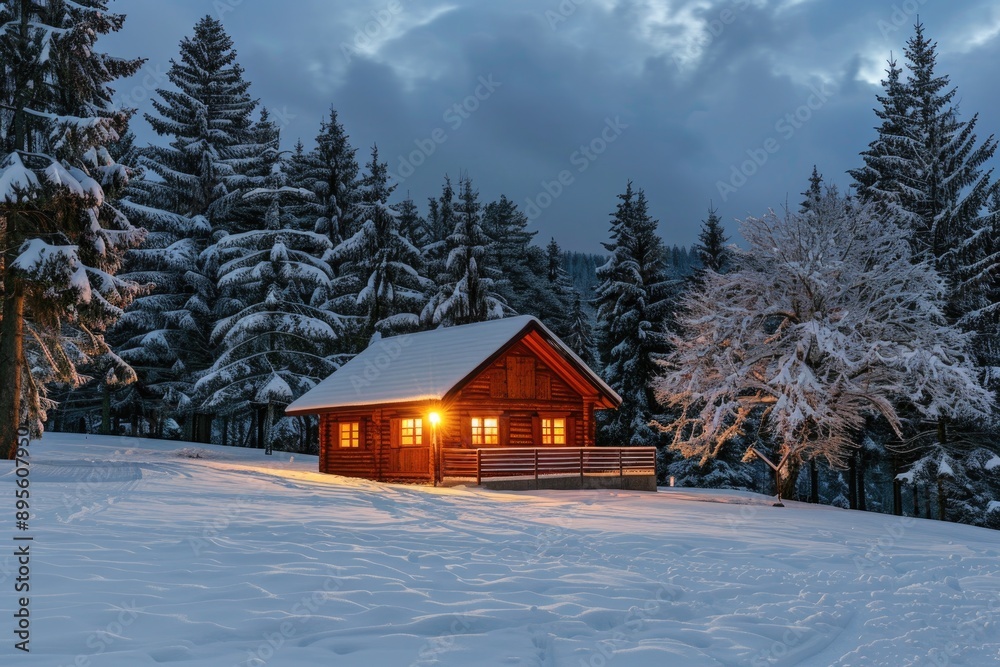 Cozy Cabin in Snowy Winter Landscape with Warm Lights and Starry Night Sky Cozy Cabin in Snowy Winter Landscape with Warm Lights and Starry Night Sky