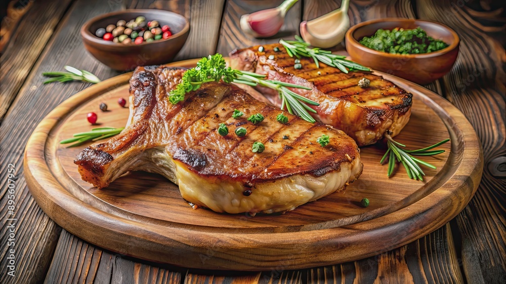 Delicious large air fryer oven grilled pork chops served on a wooden plate, grilled, pork chops, air fryer, oven, large, delicious Delicious large air fryer oven grilled pork chops served on a wooden plate, grilled, pork chops, air fryer, oven, large, delicious