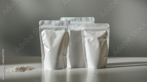 Aesthetic Minimalistic Front View of White Flexible Pouches Mockup with Kelp Extract on Bright Gray Background, Fashion Product Photography