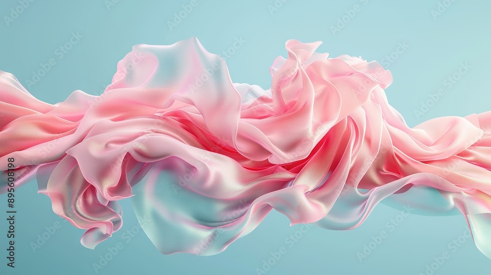 A pink and white dress billows in the wind against a blue backdrop with a subtle light blue sky in the distance A pink and white dress billows in the wind against a blue backdrop with a subtle light blue sky in the distance