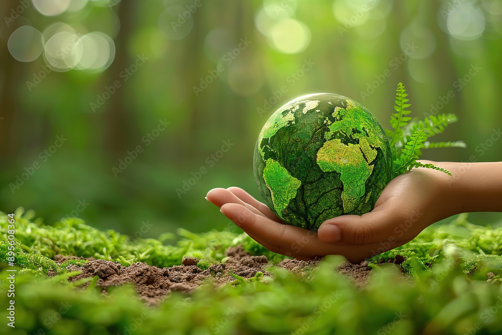 Crystal ball in a woman's hand against a background of green nature. Sunlight. Save the environment. Earth Day concept. Crystal ball in a woman's hand against a background of green nature. Sunlight. Save the environment. Earth Day concept.