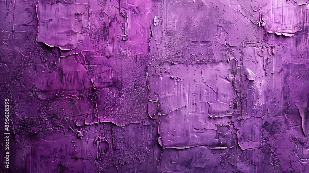 Naklejka premium A wide banner with a violet grungy texture on rough decorative plaster backdrop. Panoramic copy space image on concrete wall, creating a purple abstract background