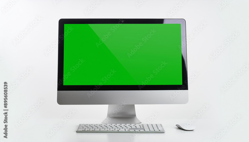 A modern computer monitor with a green screen, placed on a stand, isolated on a white background, ideal for website or software mockups. A modern computer monitor with a green screen, placed on a stand, isolated on a white background, ideal for website or software mockups.