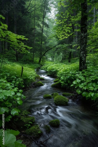 A forest spring scene with fresh water sources captures the essence of rejuvenation and vitality in a natural woodland setting. 