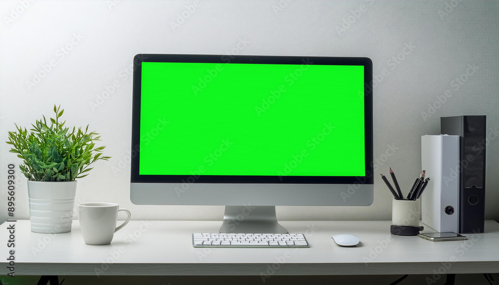 A modern computer monitor with a green screen, placed on a stand, isolated on a white background, ideal for website or software mockups. A modern computer monitor with a green screen, placed on a stand, isolated on a white background, ideal for website or software mockups.