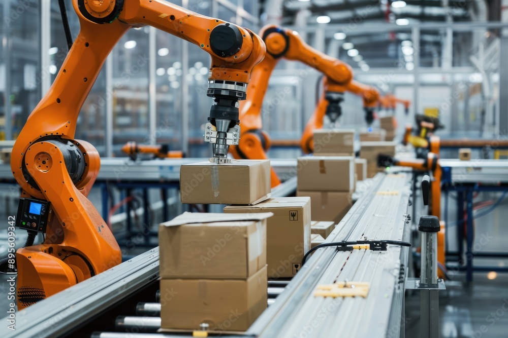 Automated orange robotic arms sorting carton boxes on conveyor belt in a modern factory Automated orange robotic arms sorting carton boxes on conveyor belt in a modern factory