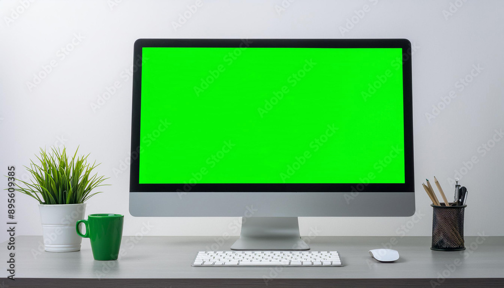 A modern computer monitor with a green screen, placed on a stand, isolated on a white background, ideal for website or software mockups. A modern computer monitor with a green screen, placed on a stand, isolated on a white background, ideal for website or software mockups.