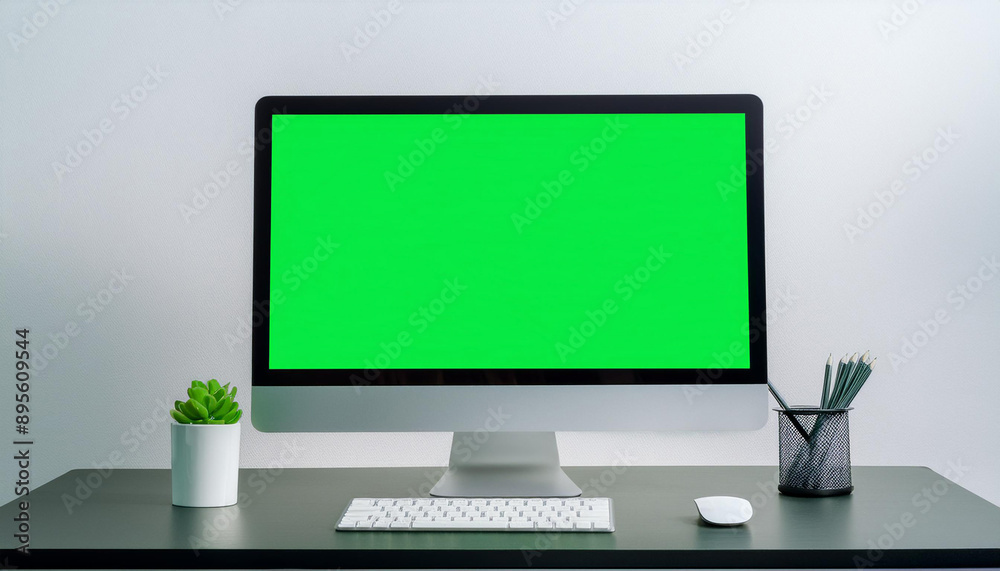A modern computer monitor with a green screen, placed on a stand, isolated on a white background, ideal for website or software mockups. A modern computer monitor with a green screen, placed on a stand, isolated on a white background, ideal for website or software mockups.