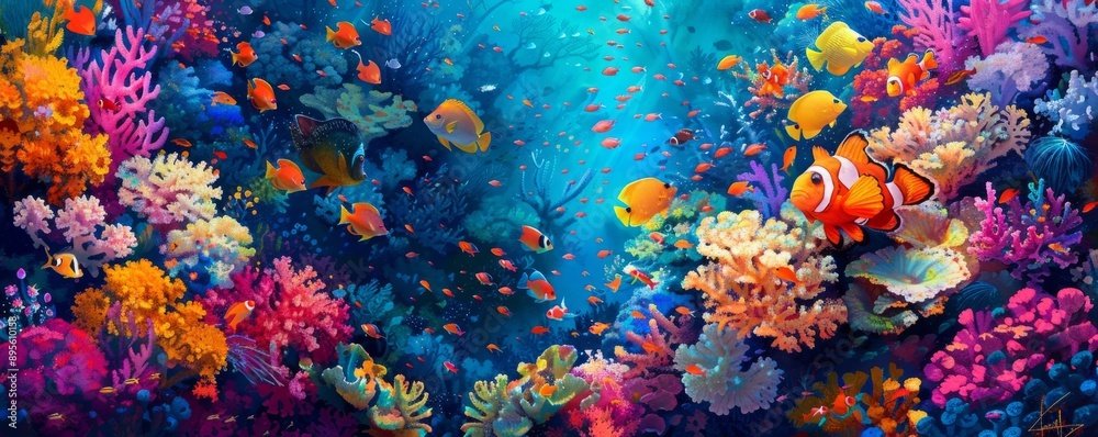 Fototapeta premium A vibrant coral reef teeming with colorful fish.