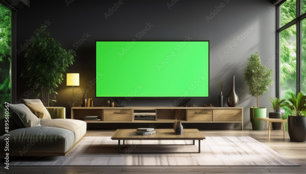A modern flat-screen TV with a green screen, set in a stylish living room, perfect for entertainment or advertising mockups. A modern flat-screen TV with a green screen, set in a stylish living room, perfect for entertainment or advertising mockups.