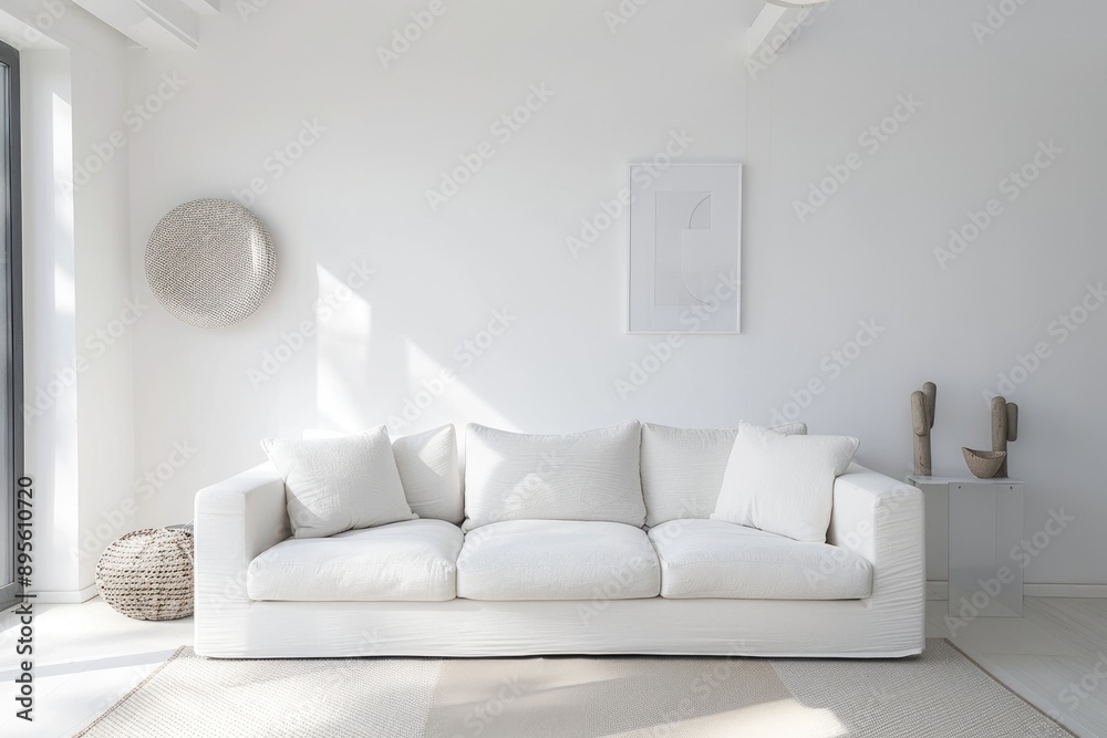 A modern living room with a white sofa, white walls, and minimal decor ...