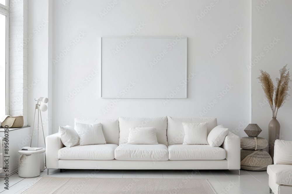 Fototapeta premium A modern living room with a white sofa, white walls, and minimal decor, captured in a raw photo that showcases the clarity and simplicity of the space.