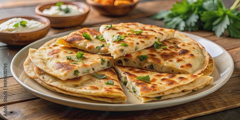 Cheesy chicken parathas on a plate , Indian cuisine, stuffed paratha, delicious, homemade, traditional, savory Cheesy chicken parathas on a plate , Indian cuisine, stuffed paratha, delicious, homemade, traditional, savory