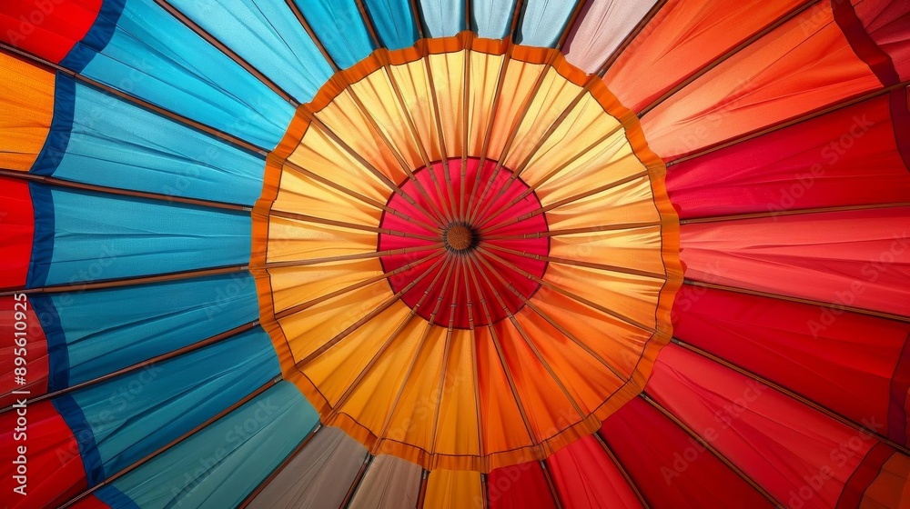 A captivating image of a multicolored umbrella taken from below
